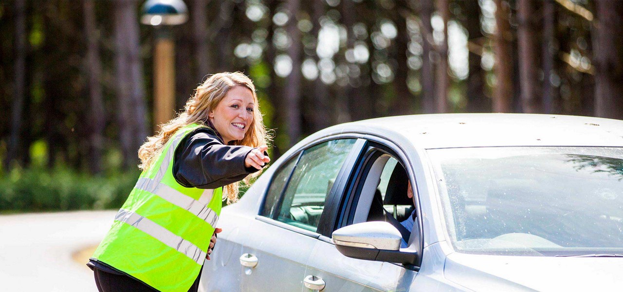 Traffic attendant gestures directions to a driver through an open car window, arm extended. Scene occurs on a sunny roadside near a wooded area with blurred trees.